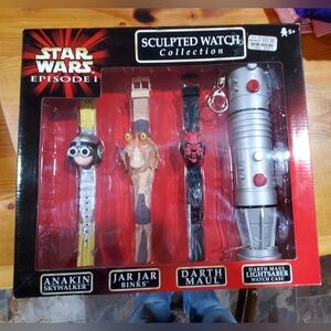 NEW Star Wars 1999 Wrist Watch Set 3 Jar Jar Anakin Darth Maul Lightsaber Case
